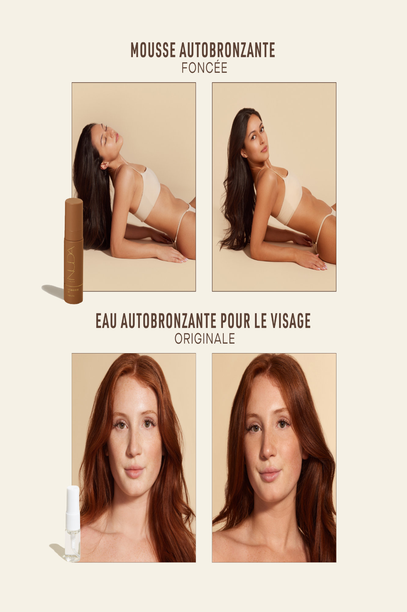 "Collage of women showcasing deep tan mousse and face tanning water results"