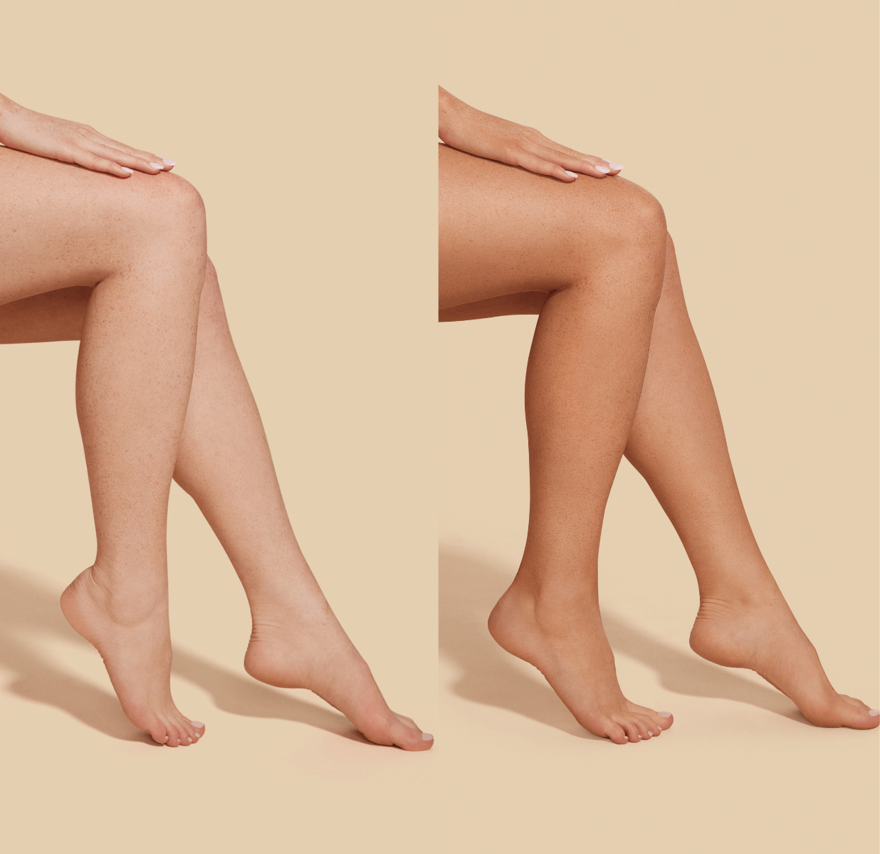 Comparison of legs before and after using self tanning mousse, showing a natural, streak-free tan for fair to medium skin tones.