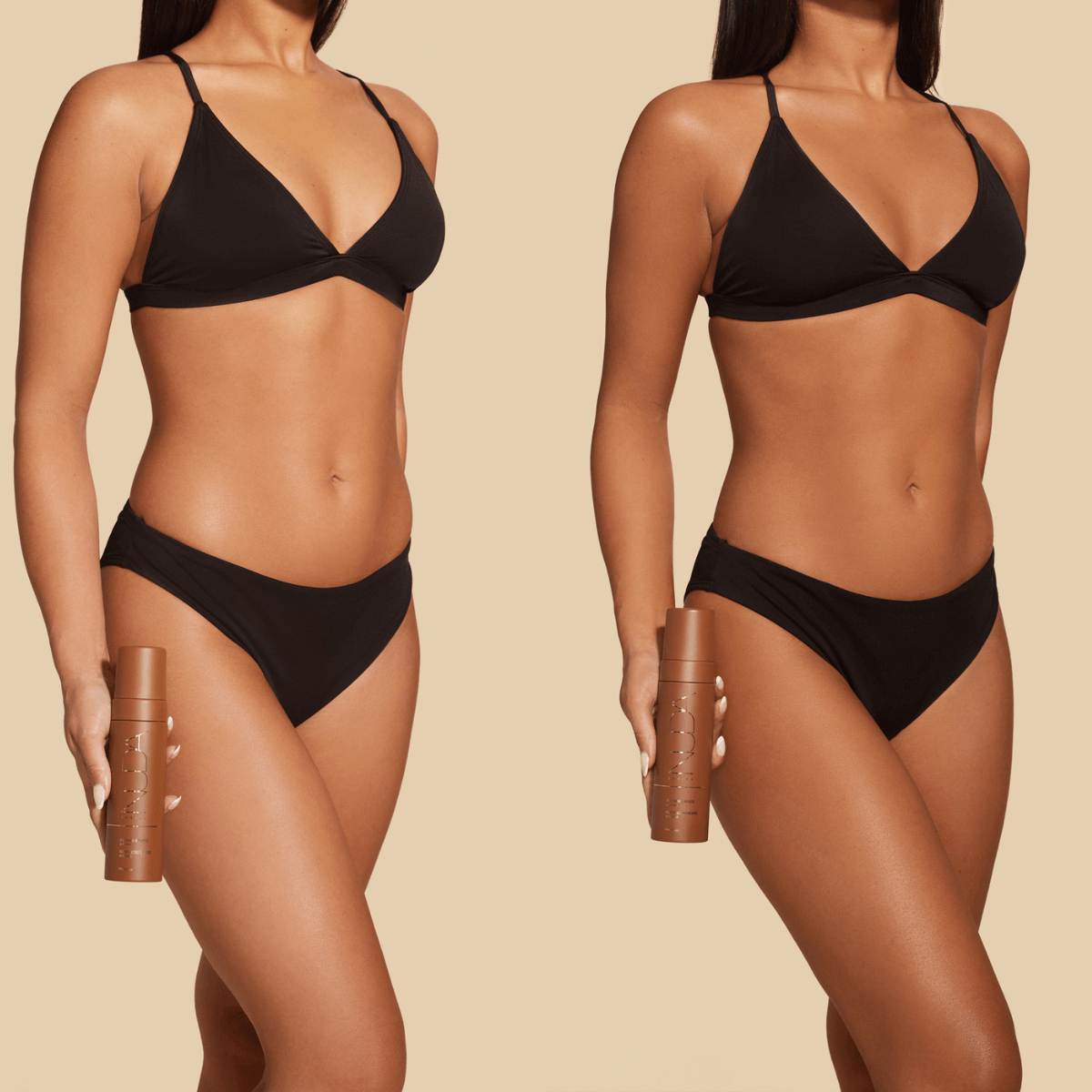 Before and after using Ultra Dark Self Tanning Mousse, showing enhanced skin tone with the tanning product.