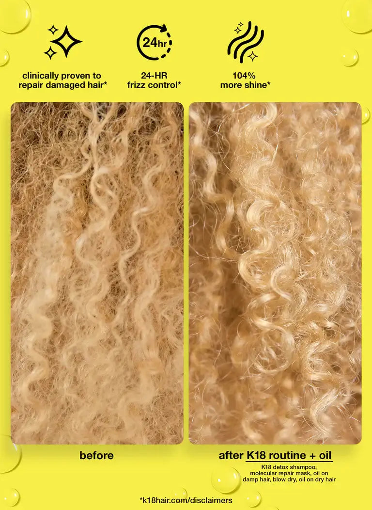 Before and after comparison of curly hair showing frizz control and shine enhancement from Molecular Repair Hair Oil treatment.