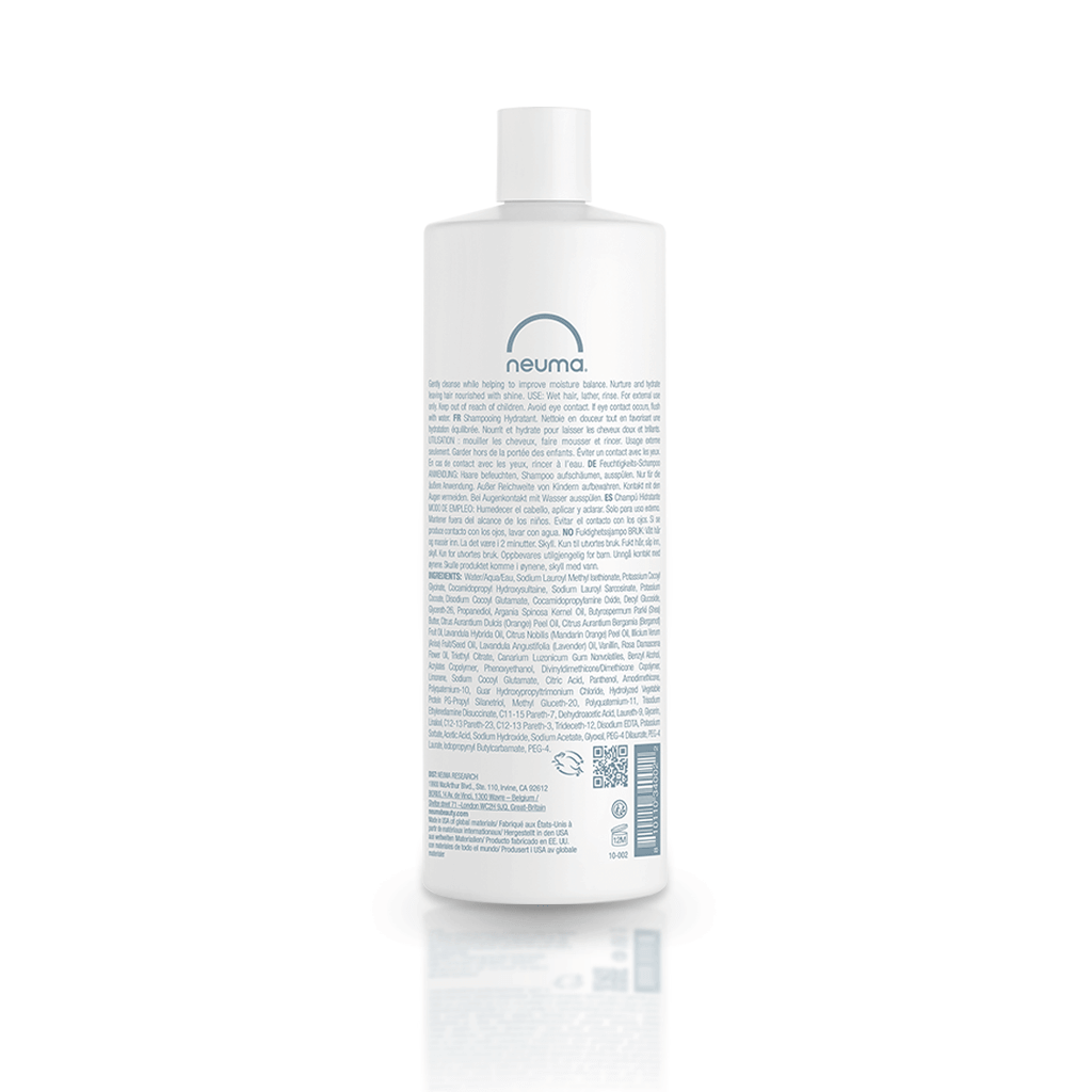 Neu Moisture Shampoo bottle with label details, lavender and coconut aroma, water-soluble surfactant, sulfate-free, smooth and shiny hair.
