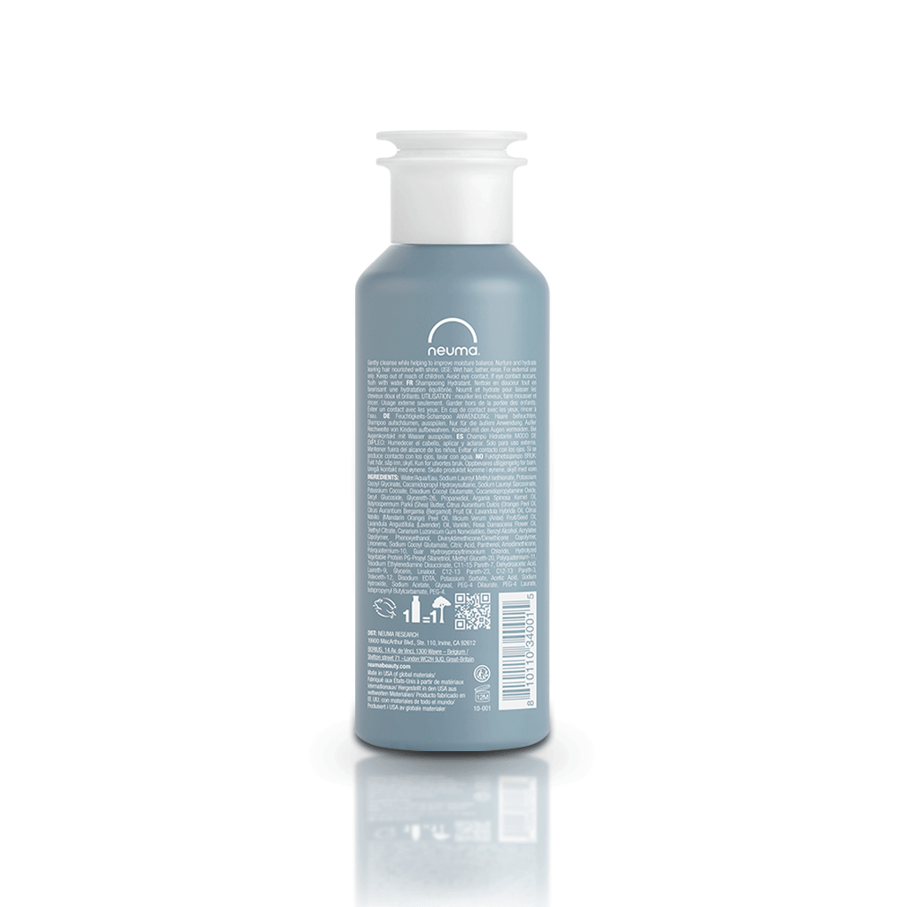 Neu Moisture Shampoo bottle with sulfate-free formula, offering gentle cleansing and hydration. Infused with lavender, mandarin, and vanilla.