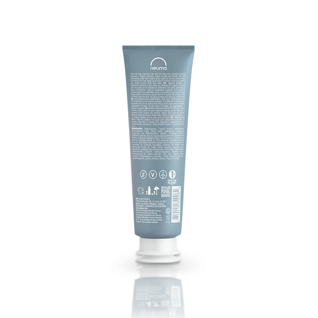 Neu Moisture Masque tube; hydrating hair treatment with lavender, mandarin, and vanilla aroma; deep conditioner for silky hair.