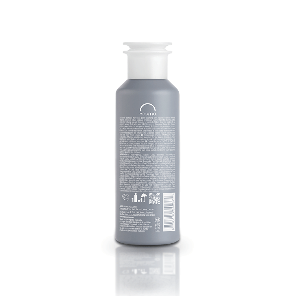 Neu Repair Shampoo bottle with restorative formula, lemon and lavender aroma, sulfate-free, for strengthening and hydrating damaged hair.