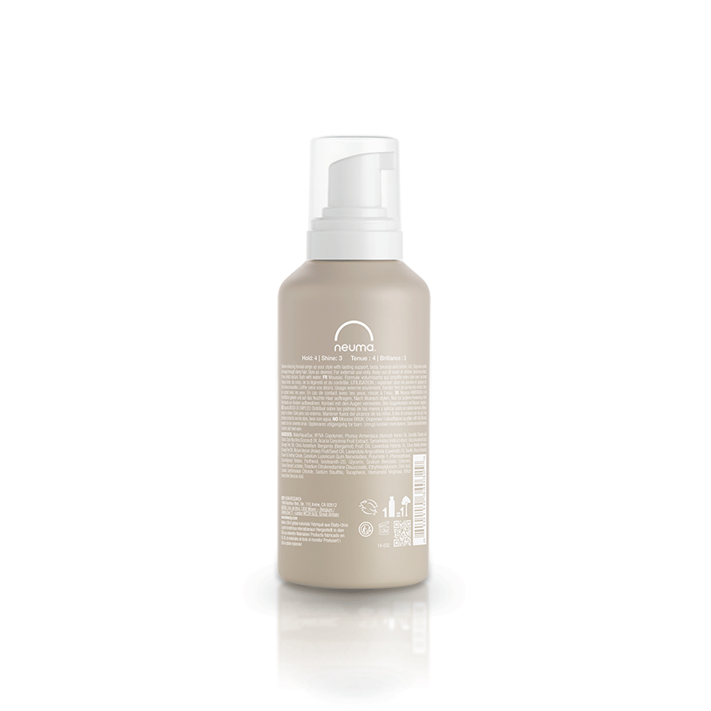 Neu Styling Mousse bottle with volume-boosting formula, lavender fragrance, alcohol-free, for root lifting or enhancing curls, hold 4, shine 2