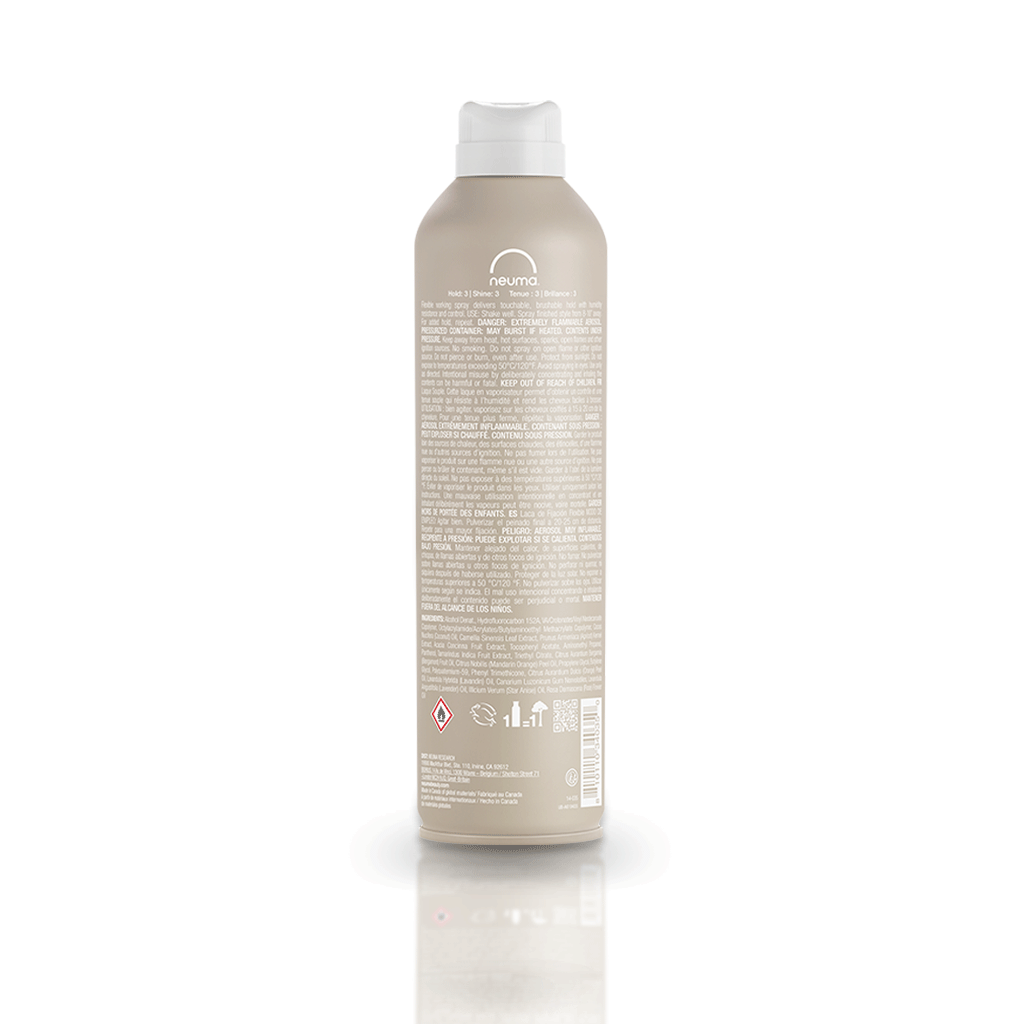 Back view of Neu Styling Flexible Hairspray bottle, featuring humidity resistance and medium hold with lavender, mandarin, and vanilla scent.