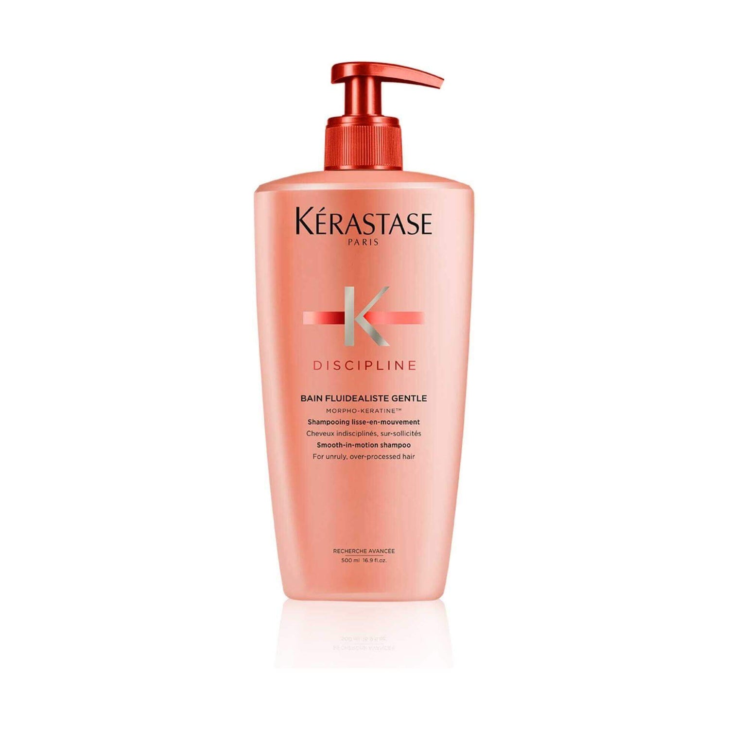 Kérastase Bain Fluidealiste smoothing shampoo for frizzy hair, 500ml bottle with pump dispenser for unruly and unmanageable hair care.