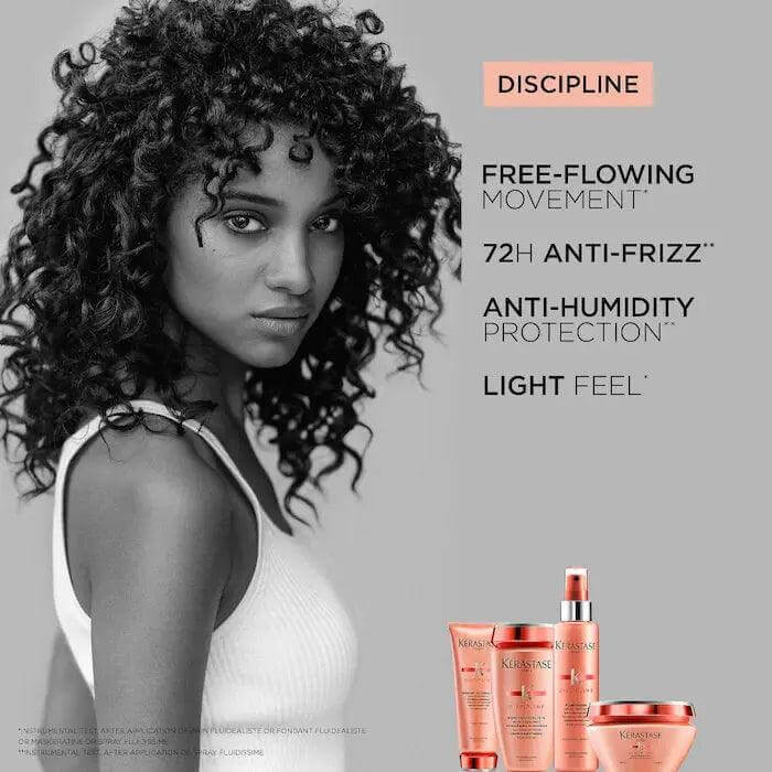 Woman with curly hair and Kérastase Discipline products for anti-frizz, anti-humidity protection, and light feel.