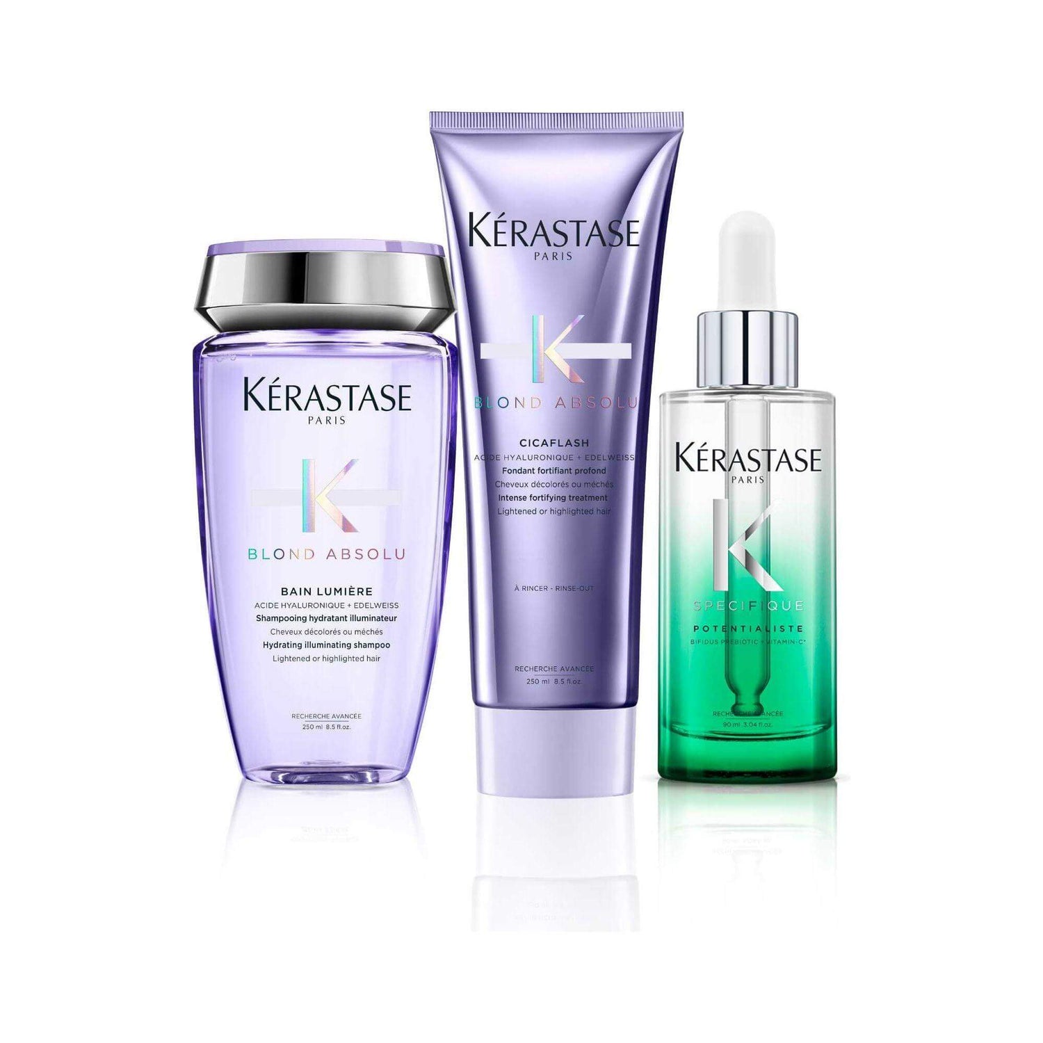 Kérastase Blond Absolu Bain Lumière and Potentialiste healthy scalp care set with hyaluronic acid and Edelweiss flower.
