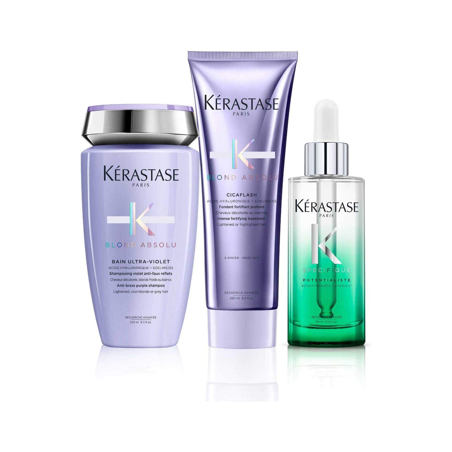 Kerastase Blond Absolu & Potentialiste set with Bain Ultra-Violet for neutralizing blonde tones and scalp care serum.