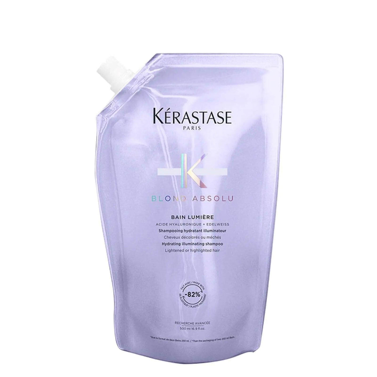 Blond Absolu Bain Lumière Refill Pouch by Kérastase made from 82% recycled plastic for refillable aluminum bottles.