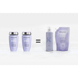 Kérastase Blond Absolu Bain Lumière refill pouch next to aluminum bottle, promoting reduced single-use plastic.