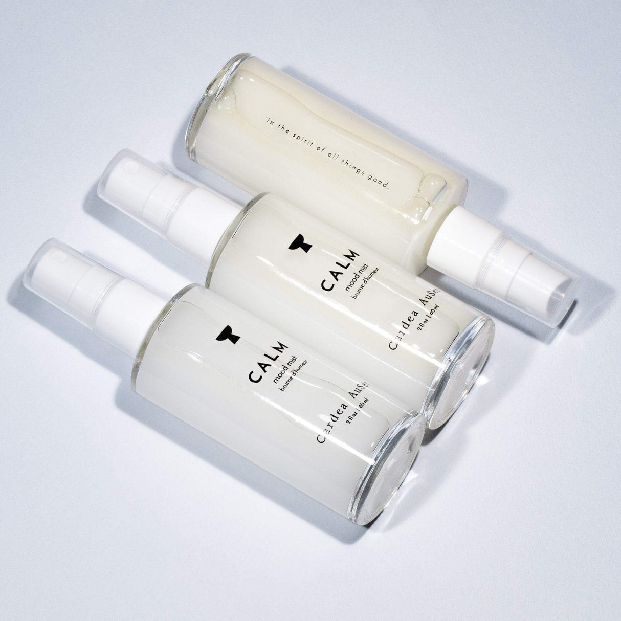 Alt Tag: Calm Mood Mist aromatherapy spray bottles for relaxation and meditation, featuring natural ingredients like lavender and bergamot.