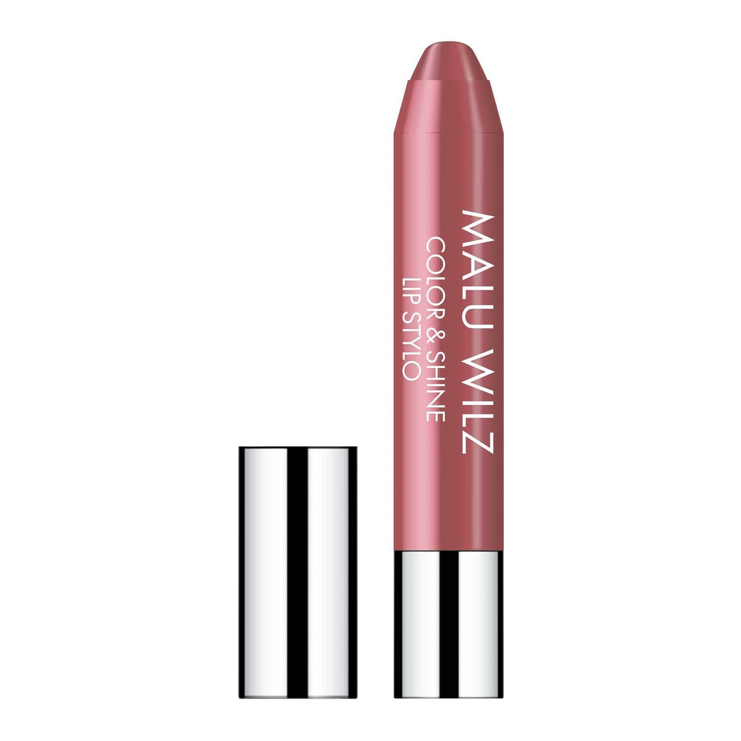 Malu Wilz Color & Shine Lip Pencil in pink shade with cap, offering long-lasting glossy lip color.