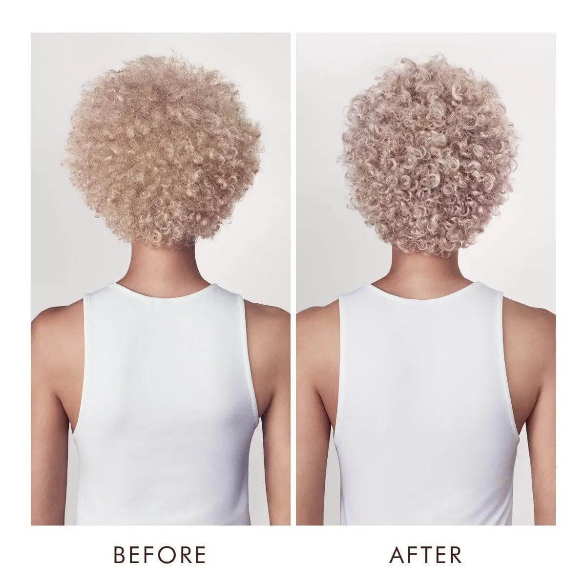 Before and after results of Color Continue Shampoo showing enhanced color and curls.