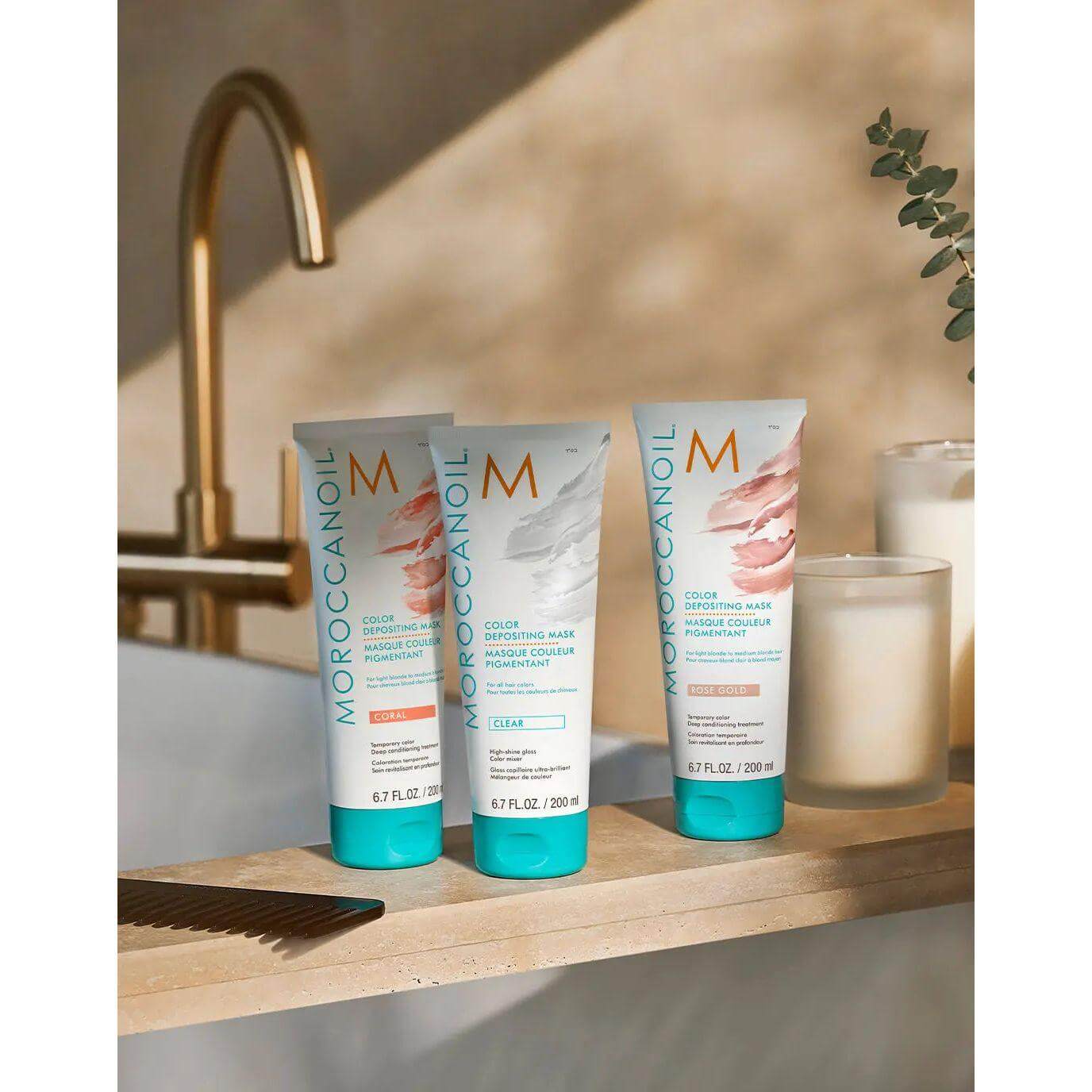 Three Moroccanoil Color Depositing Masks enhancing tone and shine, ideal for refreshing hair color and deep conditioning.