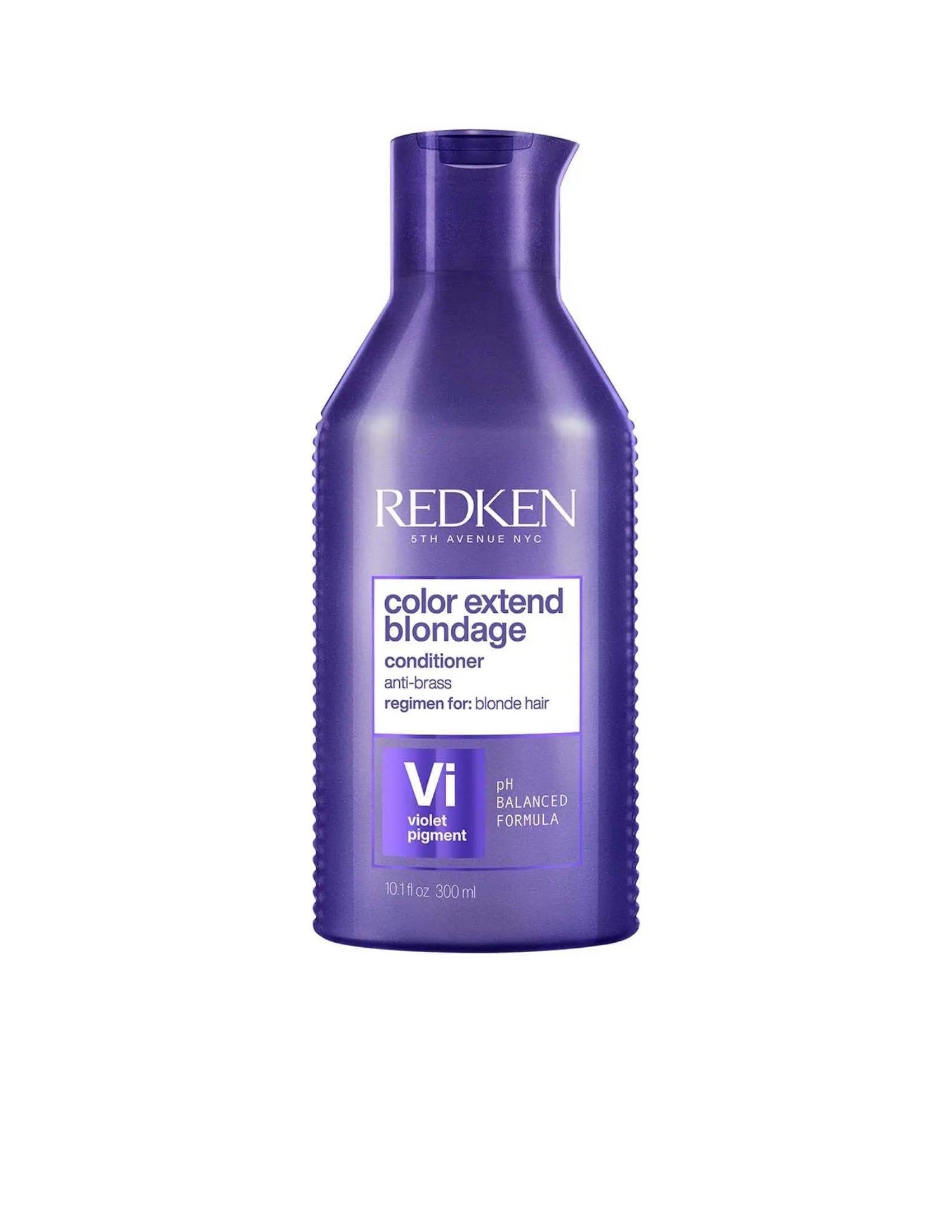 Redken Color Extend Blondage Conditioner for blonde hair, anti-brass, color-depositing formula in purple bottle.