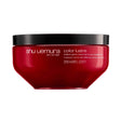 Shu Uemura Color Lustre Treatment for color-treated hair in red jar, 200ml, enhances vibrancy and moisture while preventing color fade.