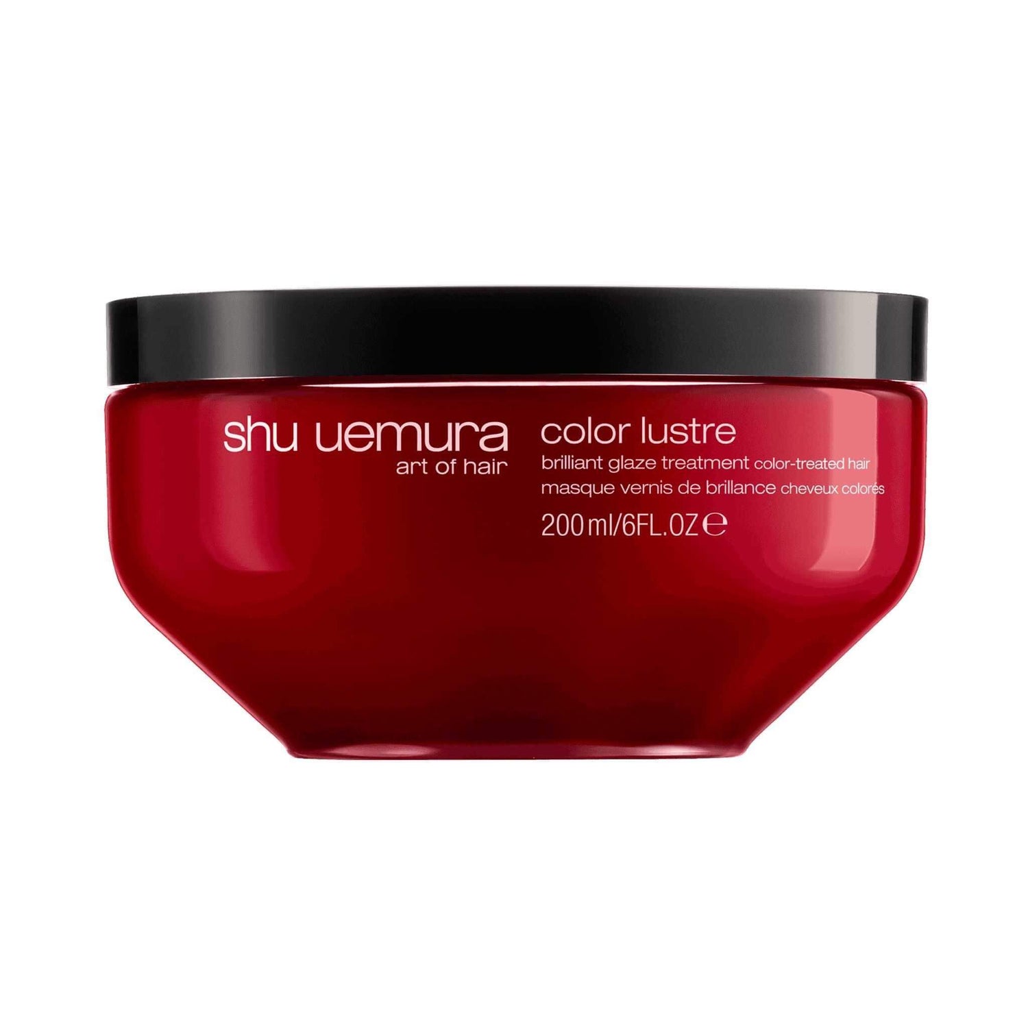 Shu Uemura Color Lustre Treatment for color-treated hair in red jar, 200ml, enhances vibrancy and moisture while preventing color fade.