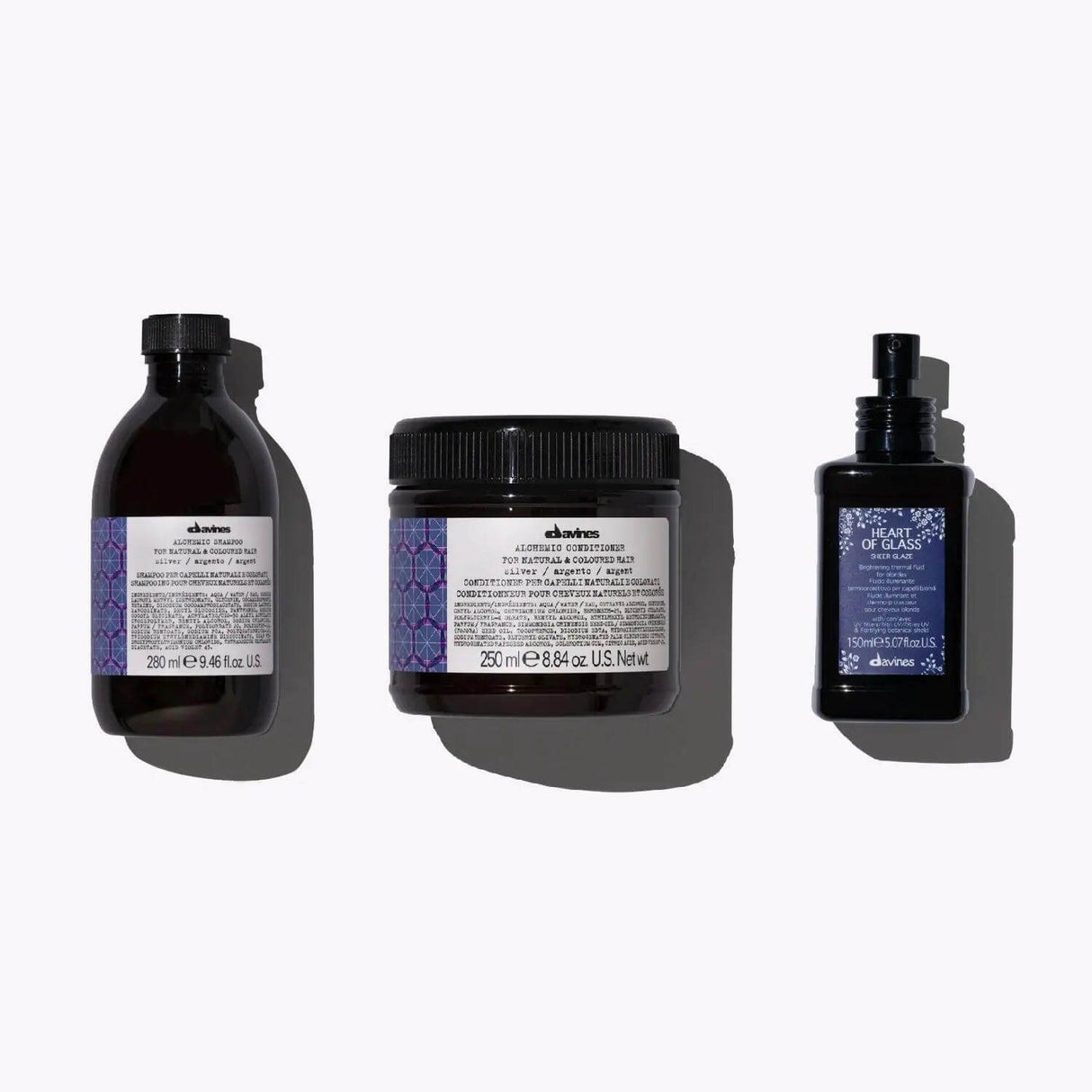 Davines Color Protecting Set for Blondes with shampoo, conditioner, and Heart of Glass Sheer Glaze for color-treated hair.