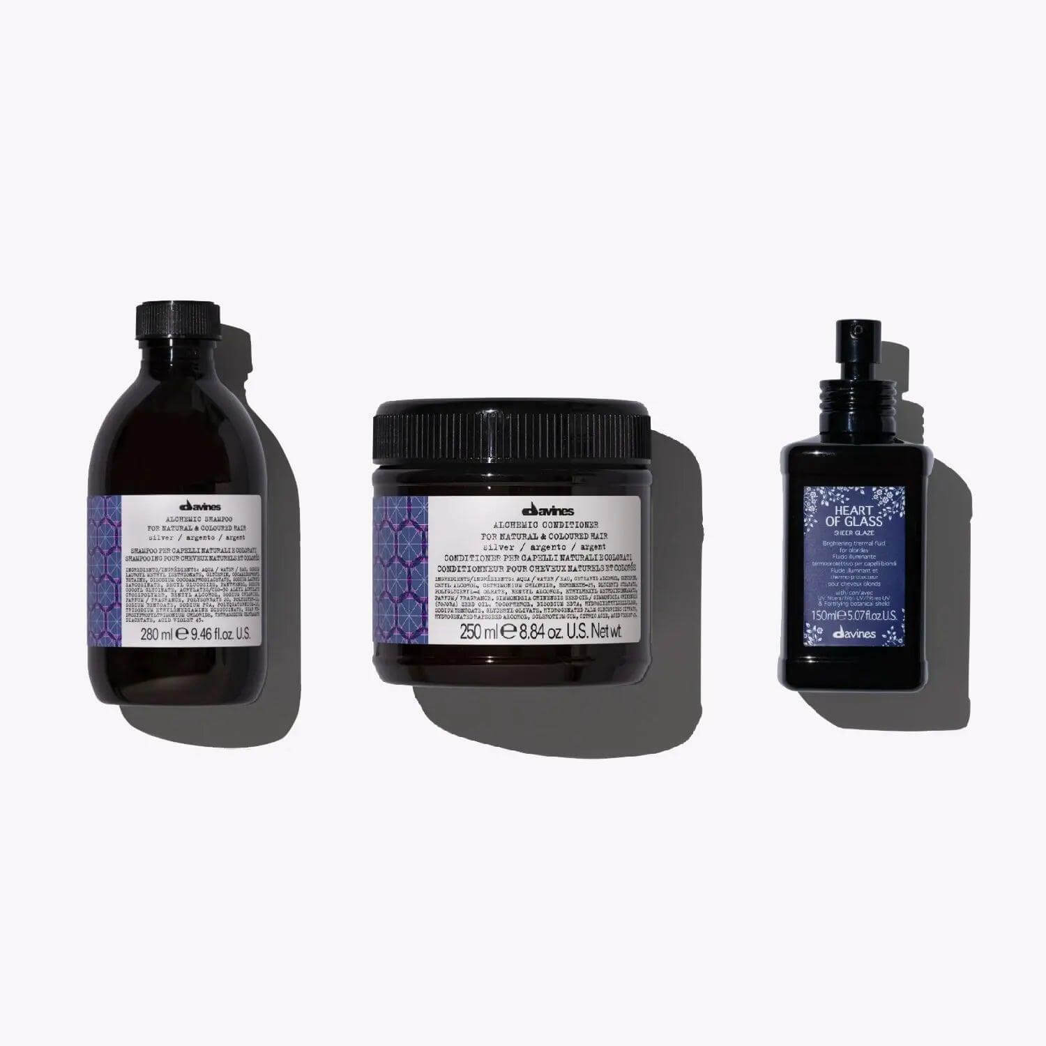 Davines Color Protecting Set for Blondes with shampoo, conditioner, and Heart of Glass Sheer Glaze for color-treated hair.