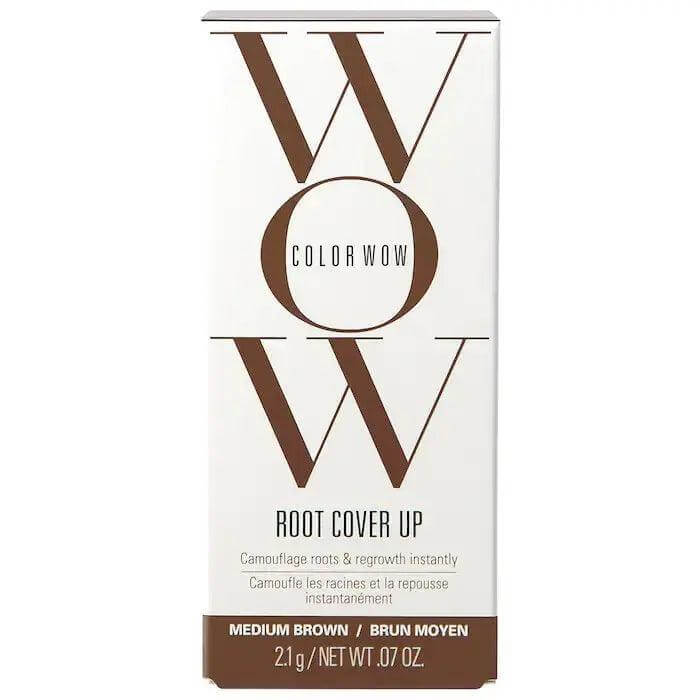 Color Wow Root Coverup Powder in medium brown for concealing grays and dark roots; suitable for all hair types and textures.