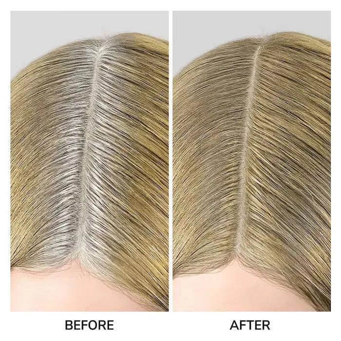 Before and after using Color Wow Root Coverup Powder showing gray roots concealed and color enhanced, adding thickness to hairline.