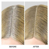 Before and after using Color Wow Root Coverup Powder showing gray roots concealed and color enhanced, adding thickness to hairline.
