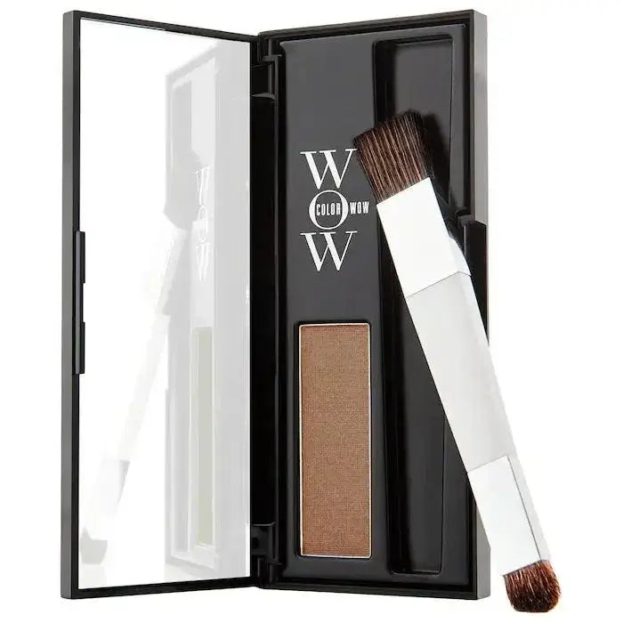 Color Wow Root Coverup Powder with brush, ideal for covering grays and enhancing hair highlights. Suitable for all hair types and textures.