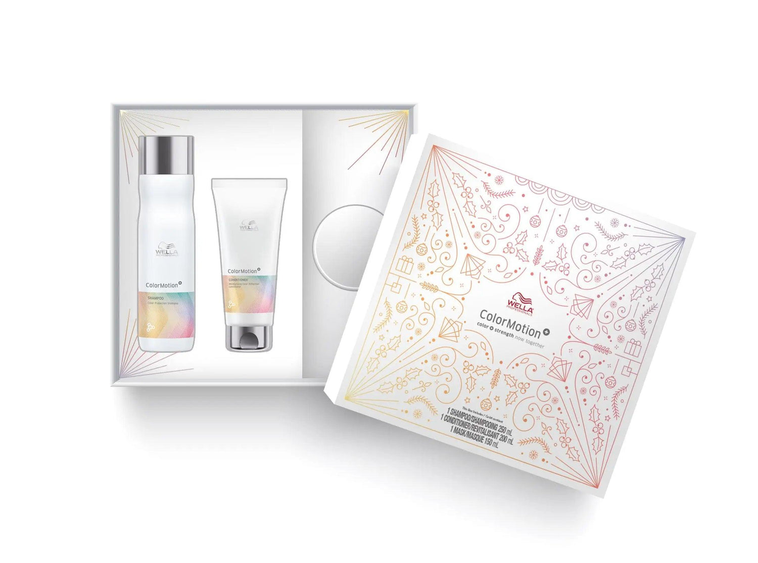 Colormotion+ Trio set including Shampoo, Conditioner, and Mask for color-treated hair with enhanced color protection, shine, and strength.