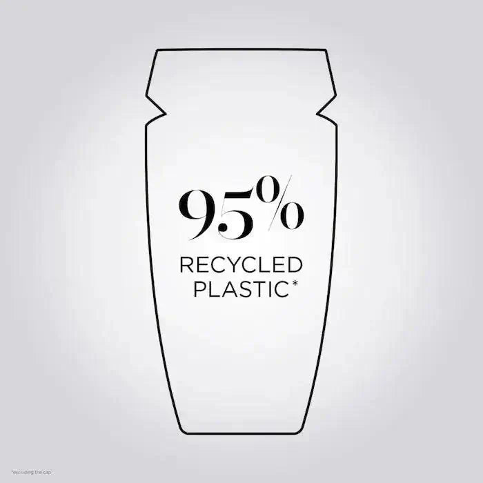 Outline of a shampoo bottle labeled '95% Recycled Plastic' promoting eco-friendly packaging.