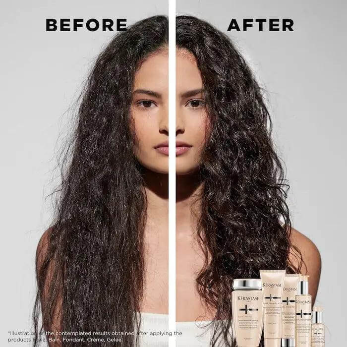 Before and after image showing curly hair transformation using Curl Manifesto Bain Hydration Douceur shampoo products.