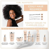 Kérastase Curl Manifesto coily hair regimen guide with products for tightly coiled to Z-angled curls, featuring a smiling model.