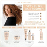 Curl Manifesto product line for very curly hair regimen, featuring cleanse, treat, prime & define, and refresh steps.