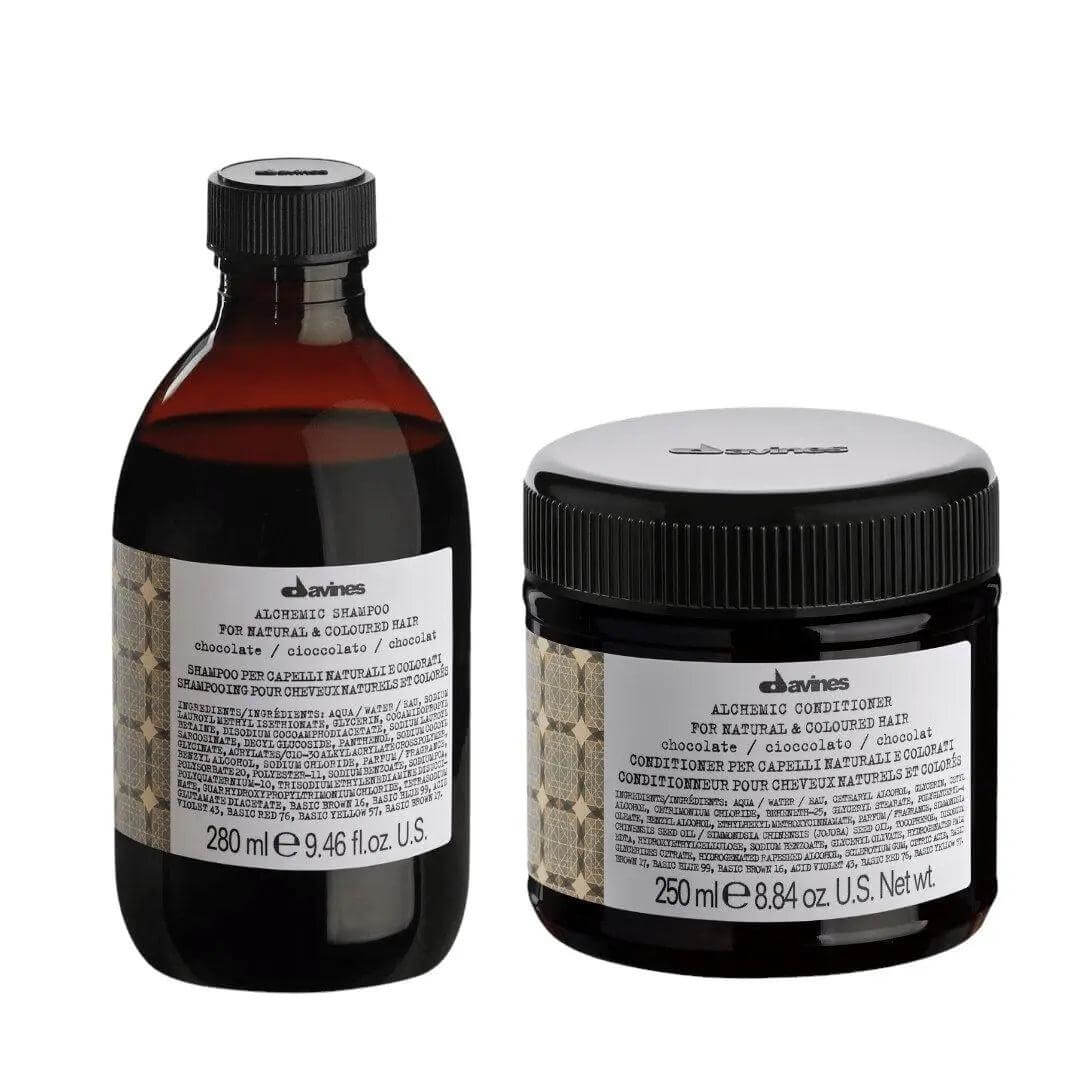 Davines Alchemic Chocolate Shampoo and Conditioner Duo for dark brown or black hair, enhances and maintains brunette tones.