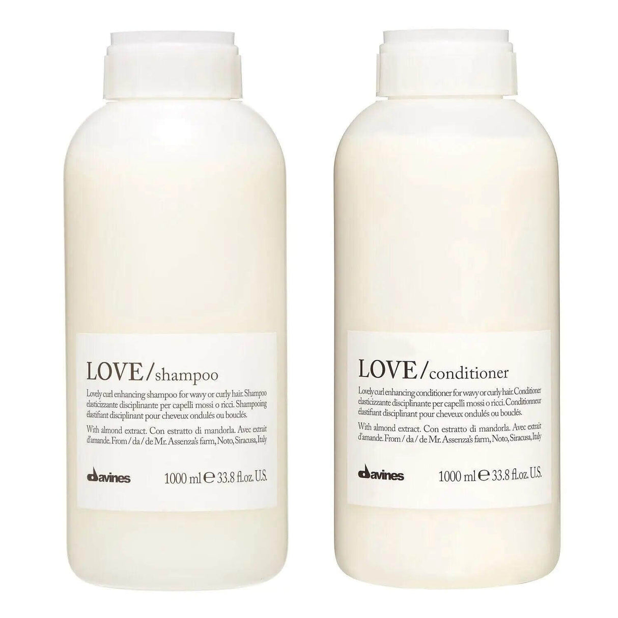 Davines Love Curl Enhancing Shampoo and Conditioner Duo 1L bottles for curly, wavy hair, boosting elasticity, volume, and shine.