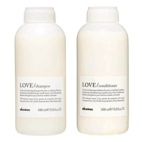 Davines Love Curl Enhancing Shampoo and Conditioner Duo 1L bottles for curly, wavy hair, boosting elasticity, volume, and shine.