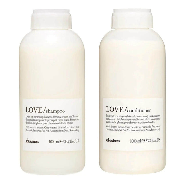 Davines Love Curl Enhancing Shampoo and Conditioner Duo 1L bottles for curly, wavy hair, boosting elasticity, volume, and shine.