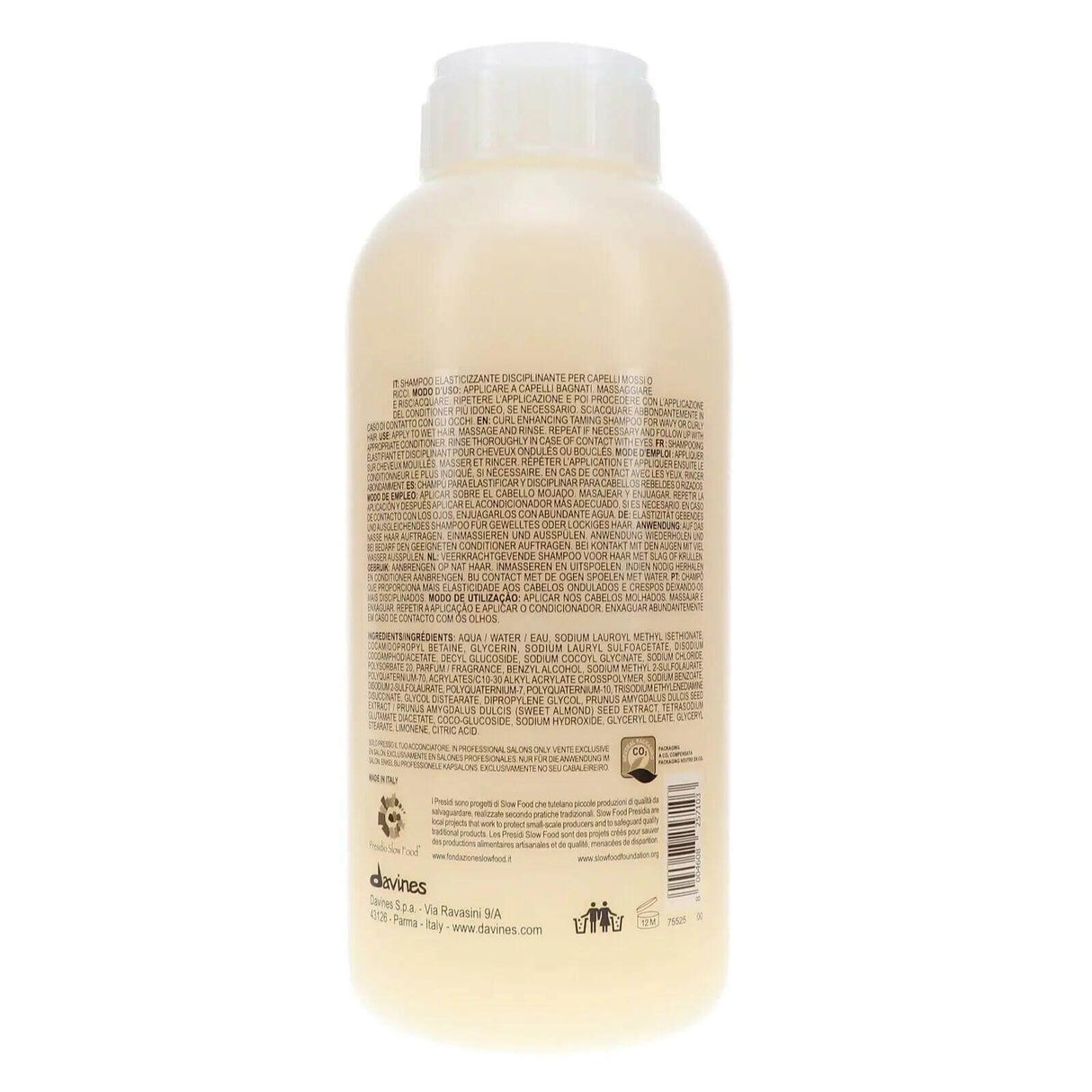 Davines Love Curl Enhancing Shampoo bottle, 1L size, back view with label details for moisturizing and enhancing curly or wavy hair.