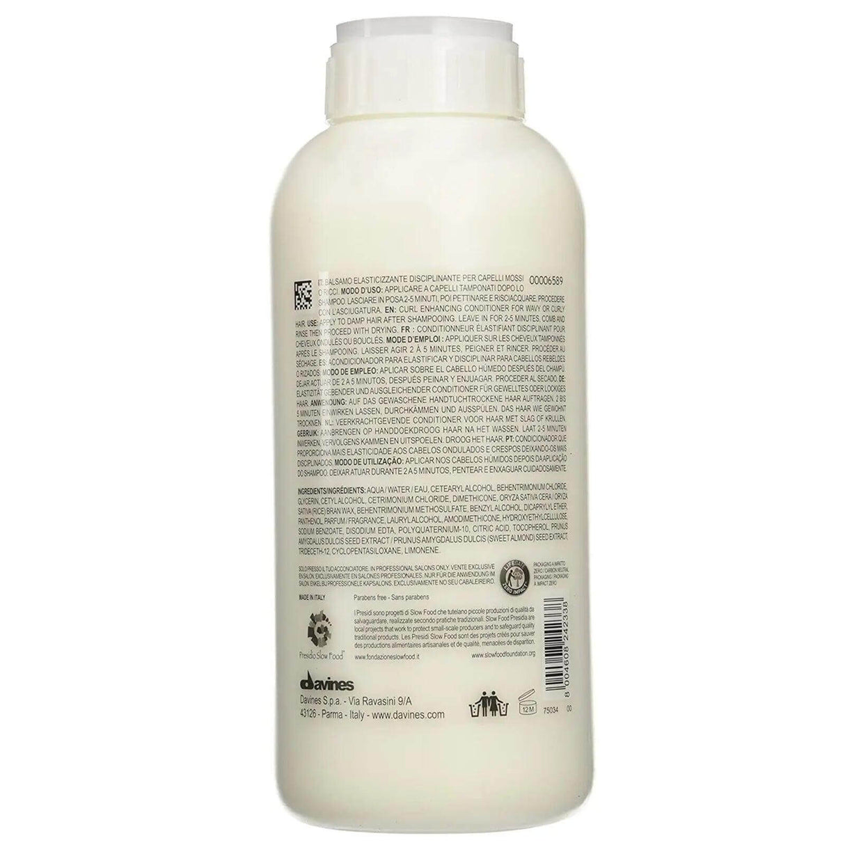 Back view of Davines Love Curl Enhancing Shampoo 1L bottle showcasing product details and ingredients for curly or wavy hair.