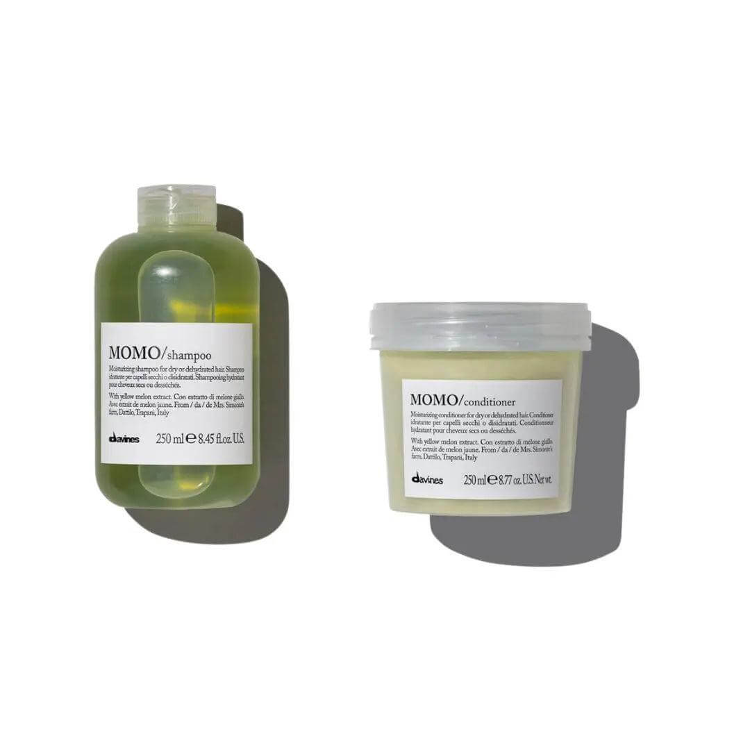 Davines Momo Moisturizing Shampoo and Conditioner Duo for dry hair, 8.45 oz bottle and tub, enhances hydration and shine.