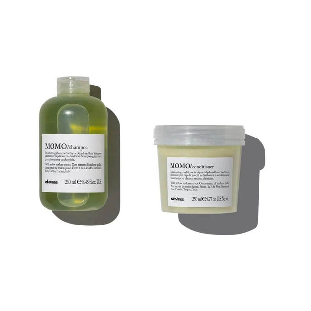 Davines Momo Moisturizing Shampoo and Conditioner Duo for dry hair, 8.45 oz bottle and tub, enhances hydration and shine.