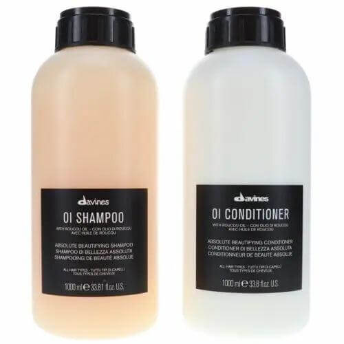 Davines Oi Shampoo & Conditioner Pro Size 1L Duo bottles with Roucou oil for nourishing and volumizing hair care.