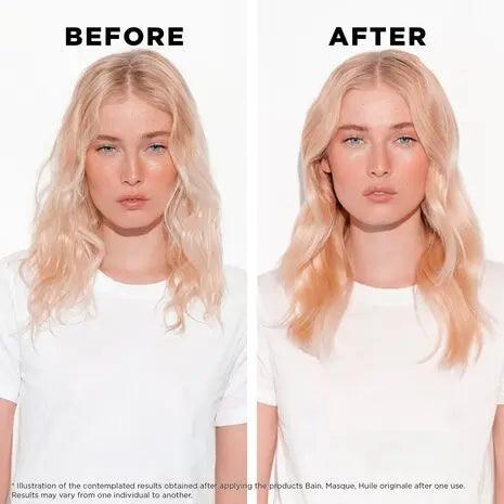 Before and after results of using Kerastase Elixir Ultime Hair Oil, showing improved shine and vibrancy on color-treated hair.