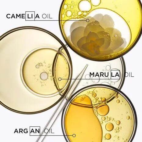 Camelia, Marula, and Argan oils in glass dishes, highlighting ingredients for Elixir Ultime Hair Oil.