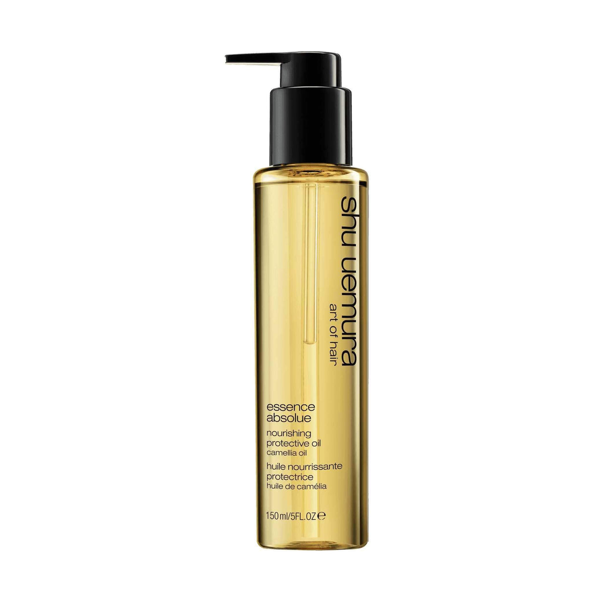 Shu Uemura Essence Absolue Oil bottle for nourishing and hydrating all hair types, addressing dryness and frizz.