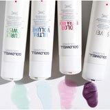 Goldwell Dualsenses shampoo range, including Curly Twist, Ultra Volume, Color Extra Rich, and Silver, with samples on white background.