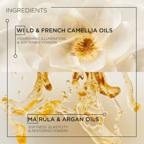 Wild & French Camellia oils with marula and argan oils for nourishing, illuminating, softening, and restoring hair benefits.