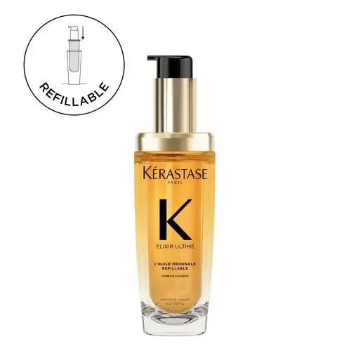 Elixir Ultime Original Hair Oil by Kérastase with refillable bottle option, infused with Camellia oils for nourishing all hair types.