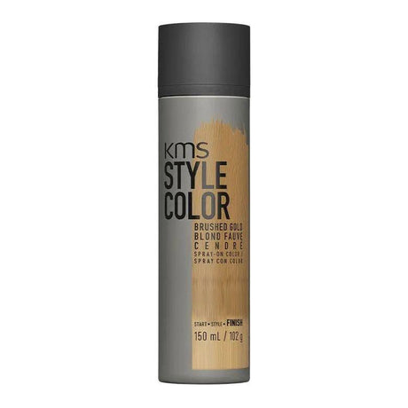KMS Style Color spray in Brushed Gold, 150mL bottle. Waterproof, heat styling compatible, flexible finish for all hair shades.